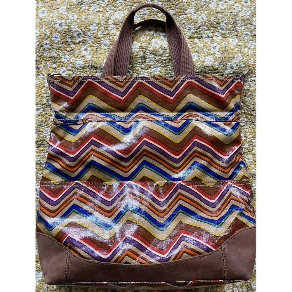 Fossil Key-Per Magnetic Closure Chevron‎ Striped Costed Canvas Tote Bag Purse